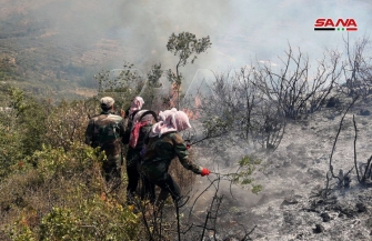 مواصلة العمل على تطويق الحريق وإخماده في محيط بلدة حزور جنوب غرب مصياف