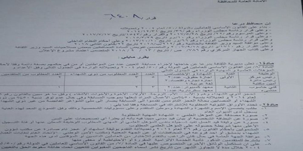 ثقافة درعا تعلن بحاجة لتعيين موظفين من الفئتين الأولى والثانية