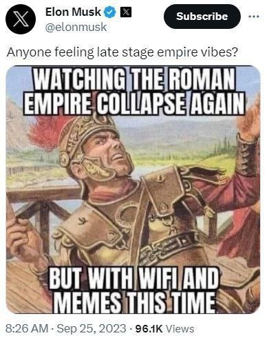إيلون ماسك يشبه الولايات المتحدة بانهيار الإمبراطورية الرومانية