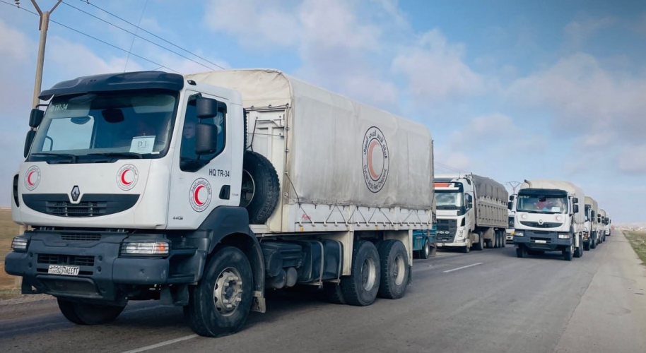 وصول قافلة مساعدات إنسانية تضم 31 شاحنة إلى محافظة السويداء